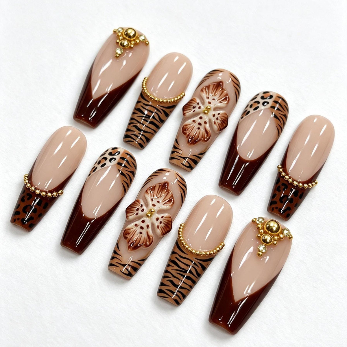 Brown Tiger and Leopard French Tip Nails with 3D Flowers and Gold Details
