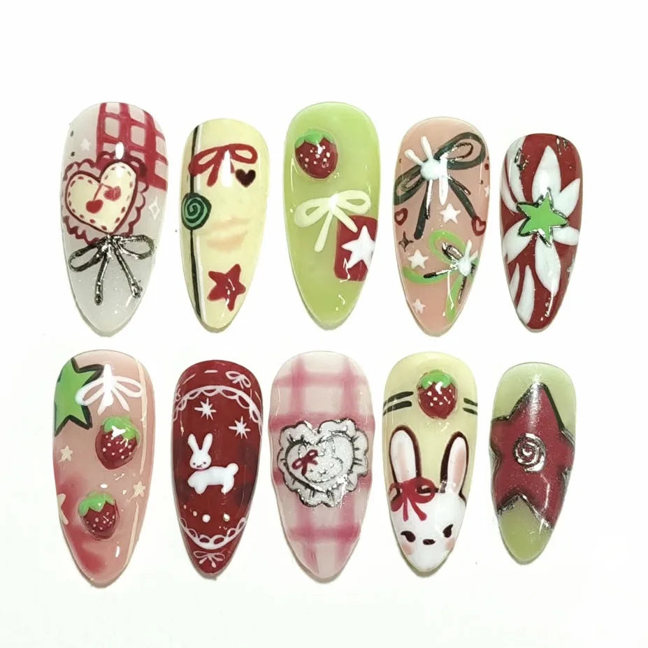 Bunny And Strawberry Bow Nail Set In Burgundy, Pink, Green And Cream