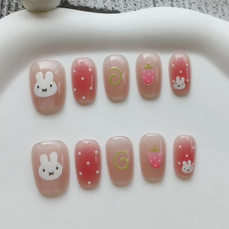 Bunny and Strawberry Press On Nails in Pink and Red