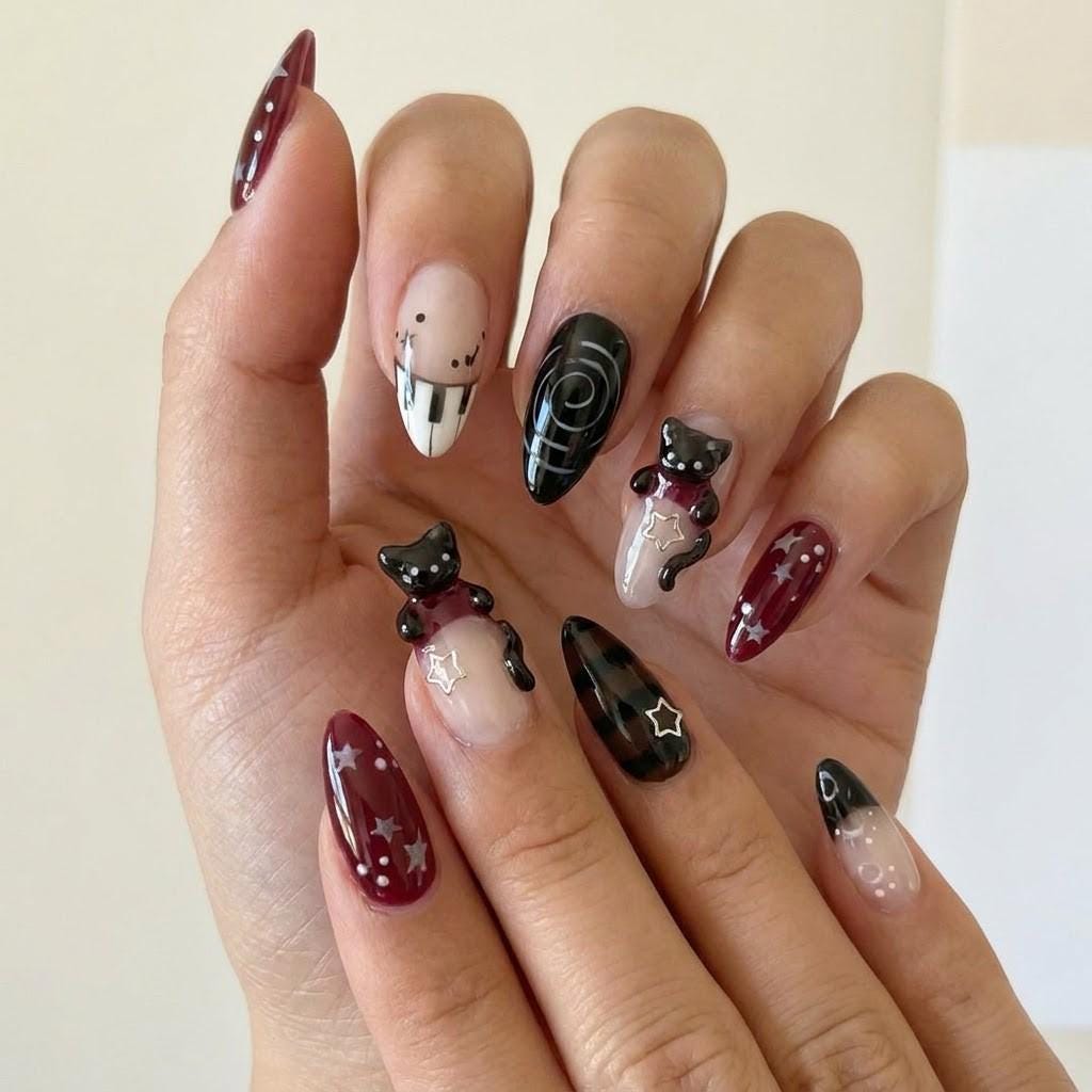 Burgundy and Black Cat Star Press On Nails with Plaid and Swirl Details