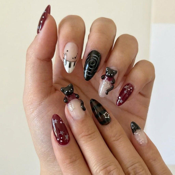 Burgundy and Black Cat Star Press On Nails with Plaid and Swirl Details