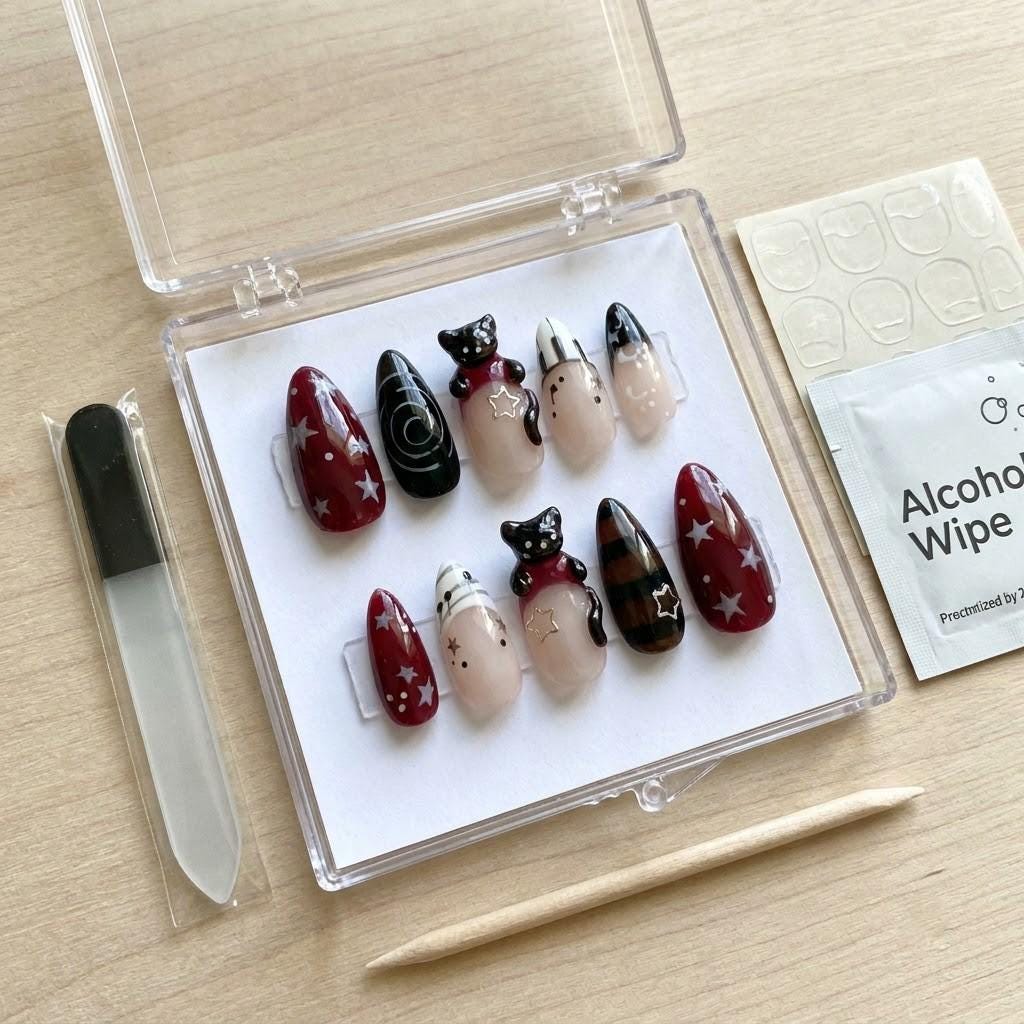 Burgundy and Black Cat Star Press On Nails with Plaid and Swirl Details