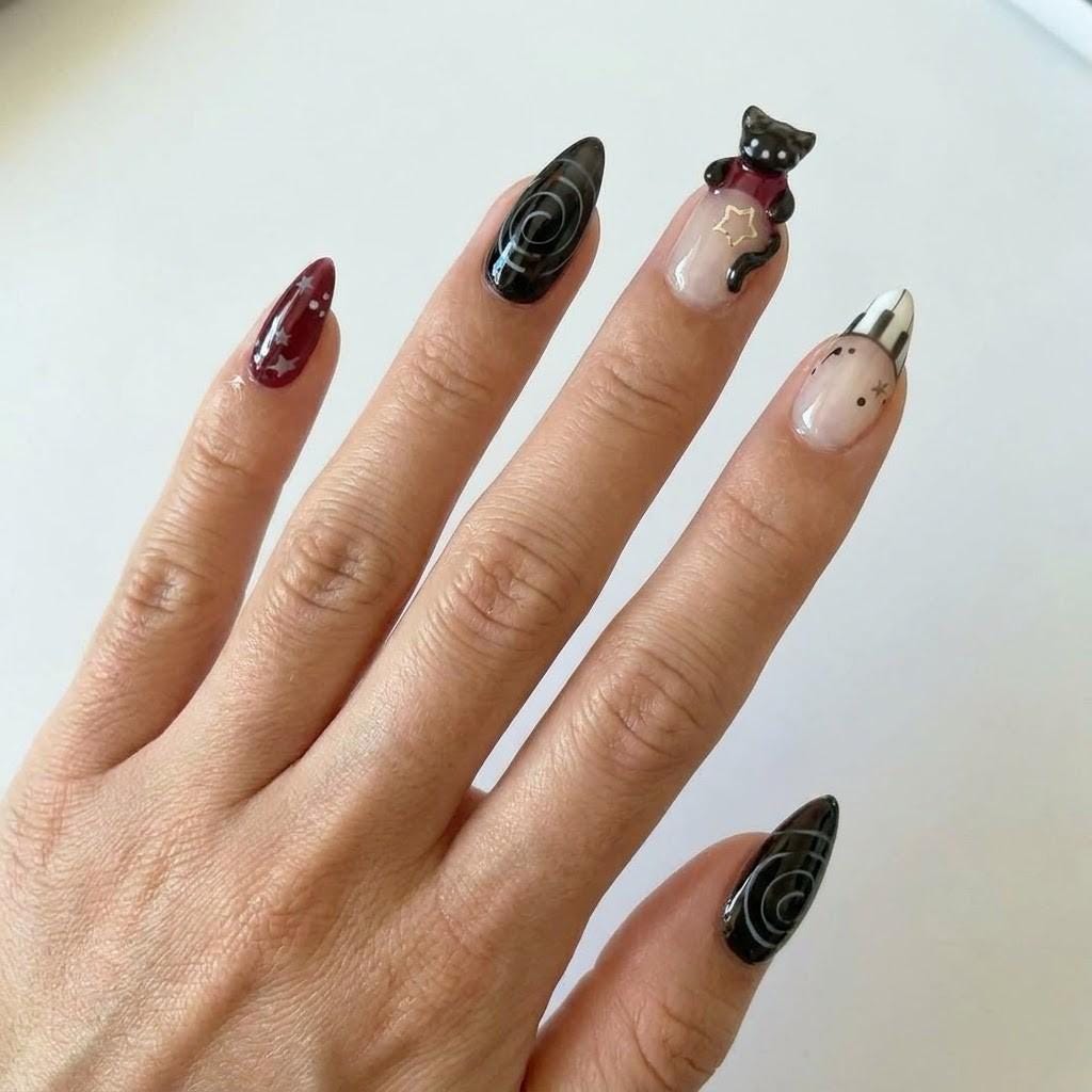 Burgundy and Black Cat Star Press On Nails with Plaid and Swirl Details