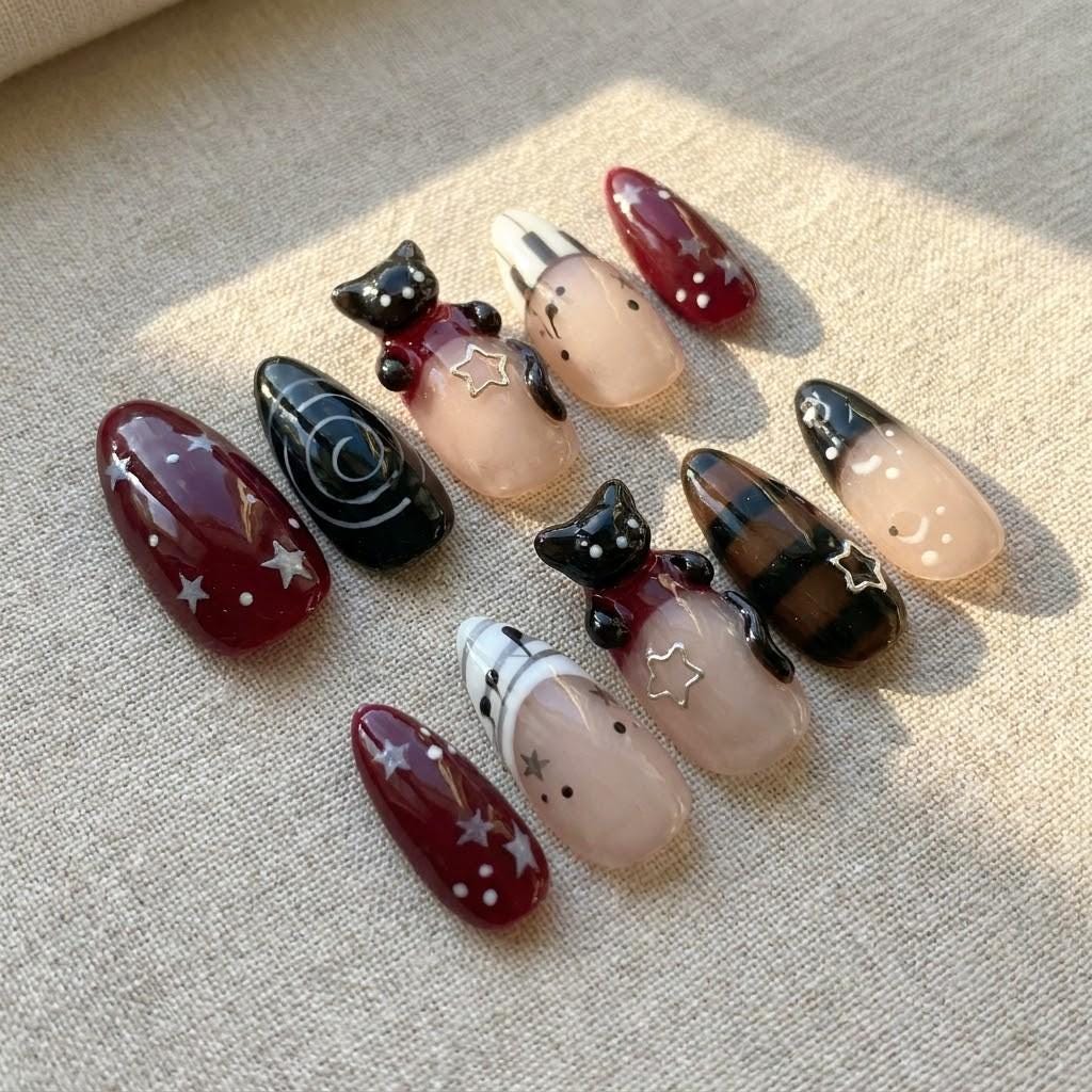 Burgundy and Black Cat Star Press On Nails with Plaid and Swirl Details