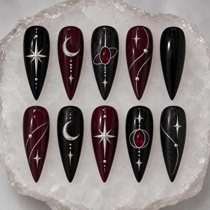 Burgundy and Black Celestial Press On Nails with Silver Moons, Stars and Glitter
