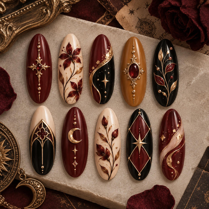 Burgundy and Black Gothic Celestial Press On Nails with Gold Moons and Botanical Details