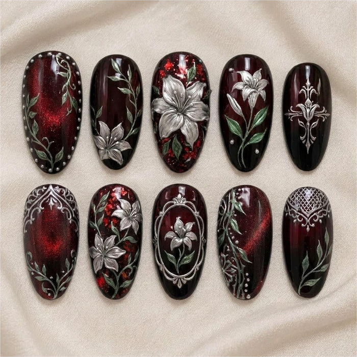 Burgundy and Black Gothic Floral Press On Nail Set With Silver Victorian Details