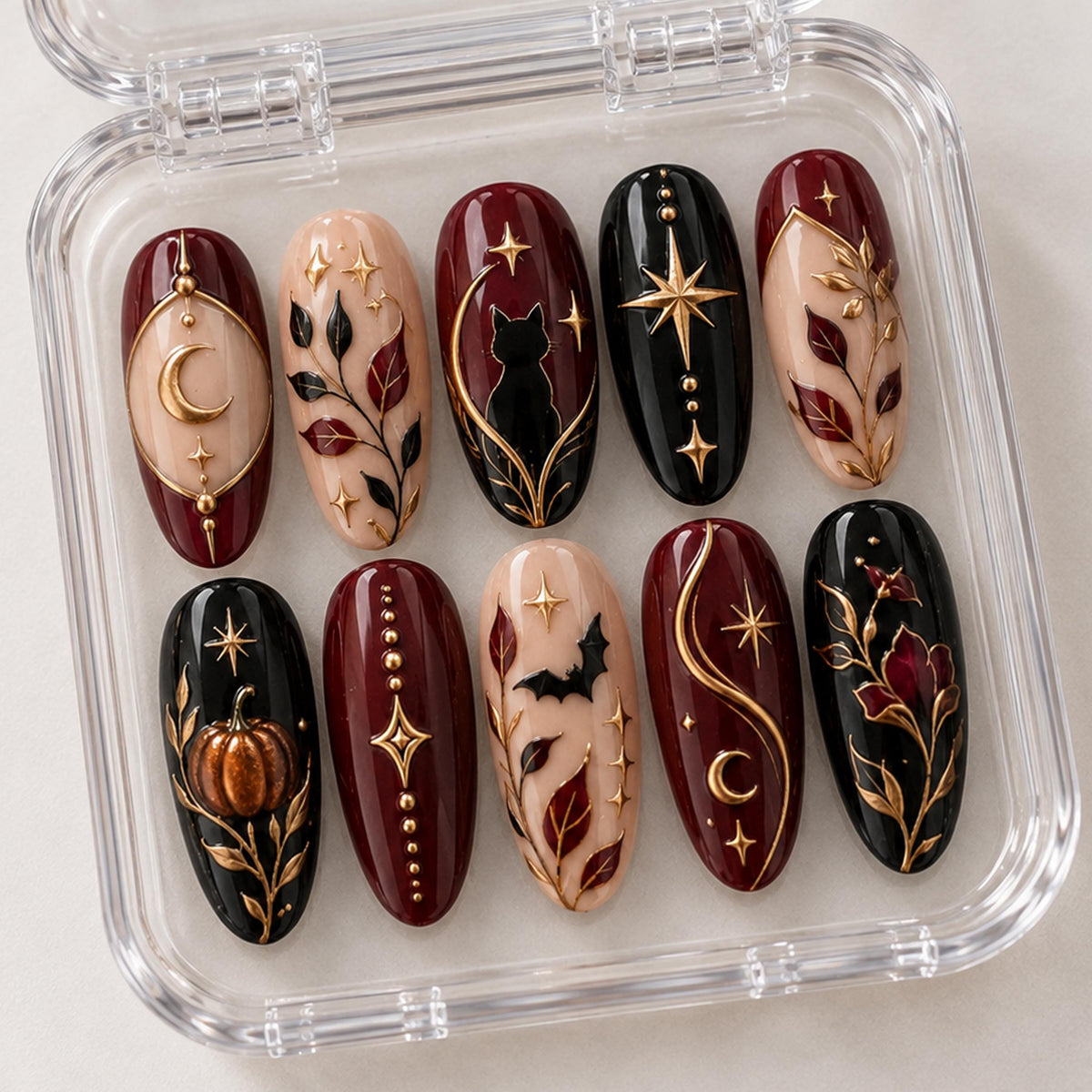 Burgundy and Black Gothic Halloween Nail Set with Cat, Pumpkin, Bats and Gold Celestial Details