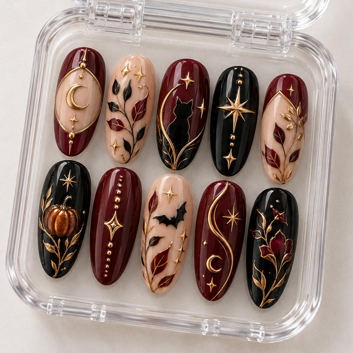 Burgundy and Black Gothic Halloween Nail Set with Cat, Pumpkin, Bats and Gold Celestial Details