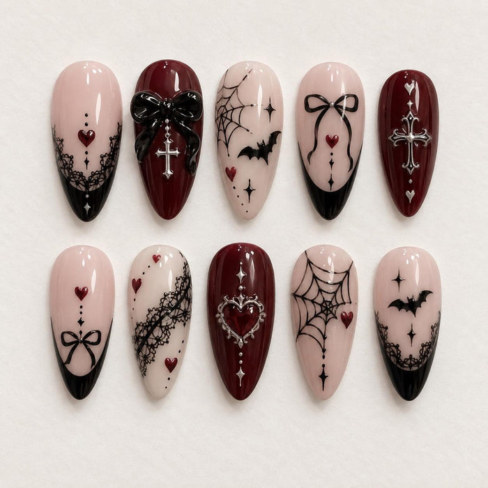 Burgundy and Black Gothic Press On Nails with Lace, Bows, Bats and Crosses