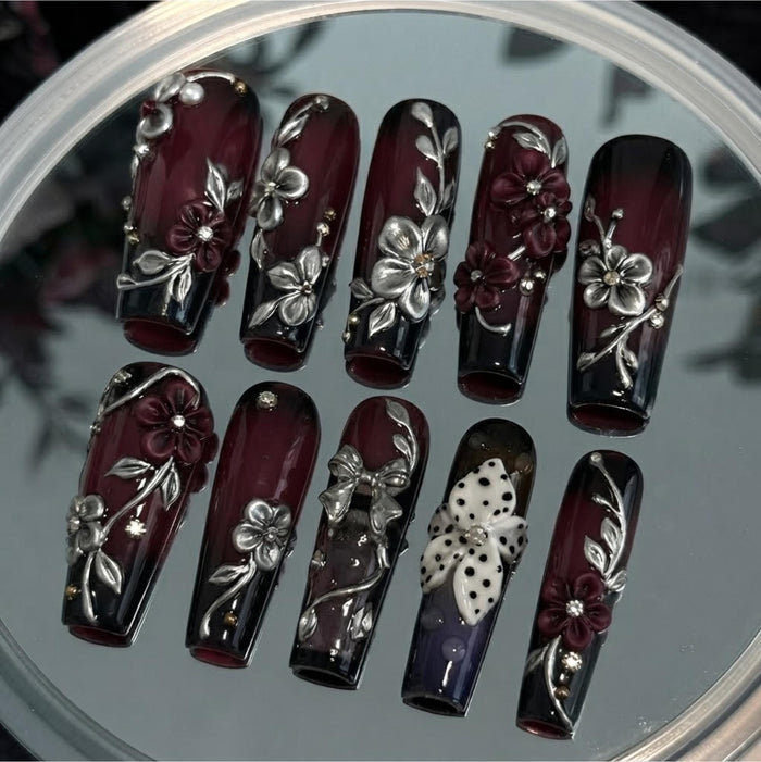Burgundy and Black Ombre Press On Nails With 3D Silver Flowers and a Polka Dot Bow