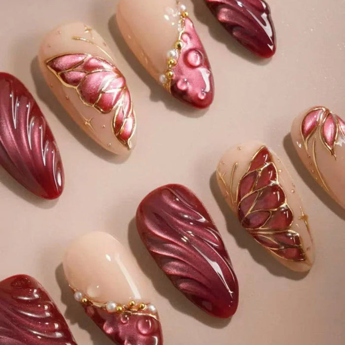 Burgundy and Blush 3D Butterfly Wing Press On Nails with Gold Lines and Pearls