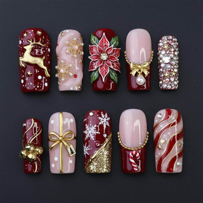 Burgundy and Blush Christmas Press On Nails with Reindeer, Poinsettia and Snowflakes