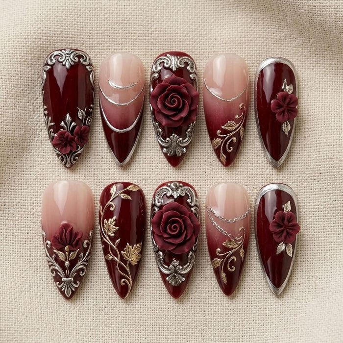 Burgundy and Blush Ombre Press On Nails with 3D Roses and Silver Baroque Scrollwork