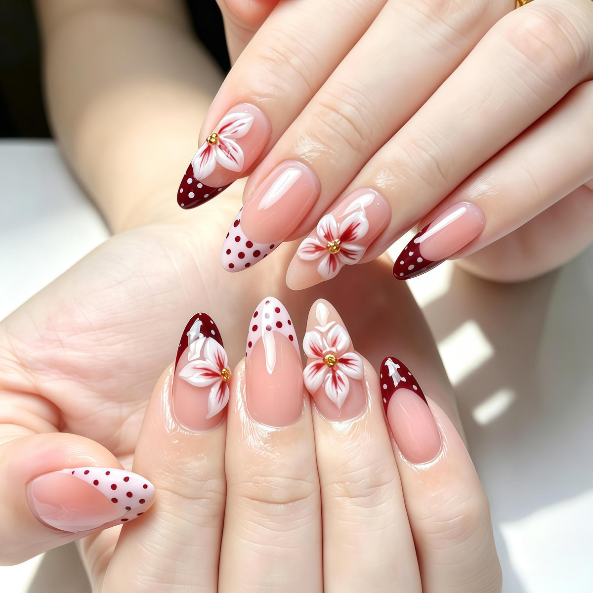 Burgundy and Blush Polka Dot Floral Wedding Press On Nails for Fall with Gold Bead Centers