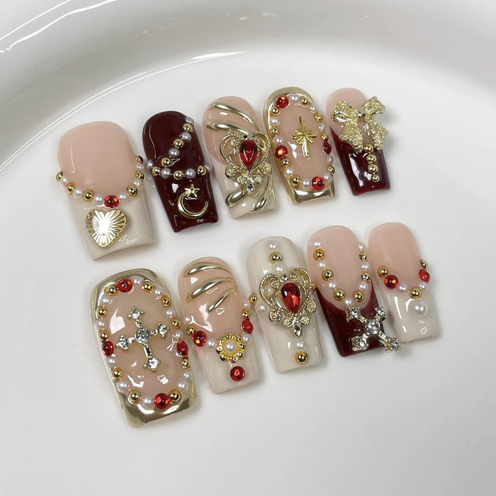 Burgundy and Blush Rhinestone Press-On Nails with Gold Charms