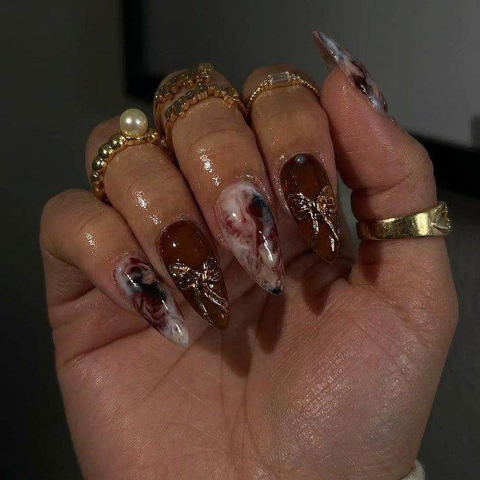 Burgundy and Brown Marble Press On Nails With Gold Bow Charms