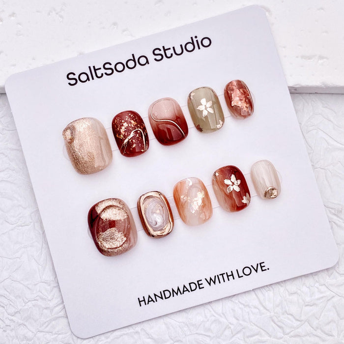 Burgundy and Champagne Gold Floral Marble Press-On Nail Set
