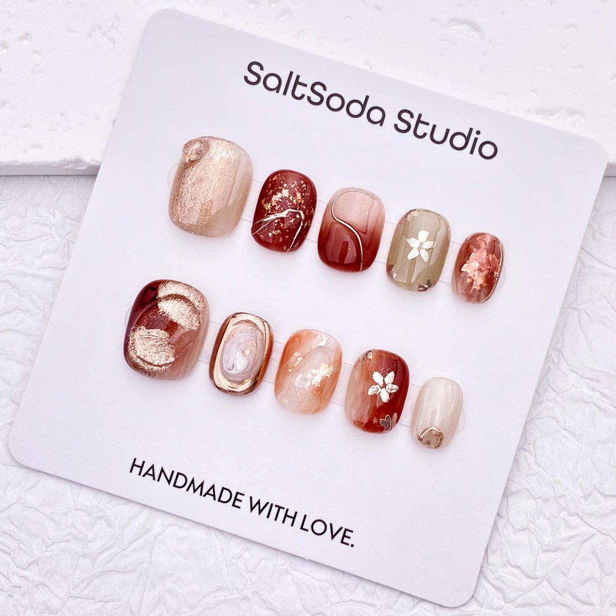 Burgundy and Champagne Gold Floral Marble Press-On Nail Set