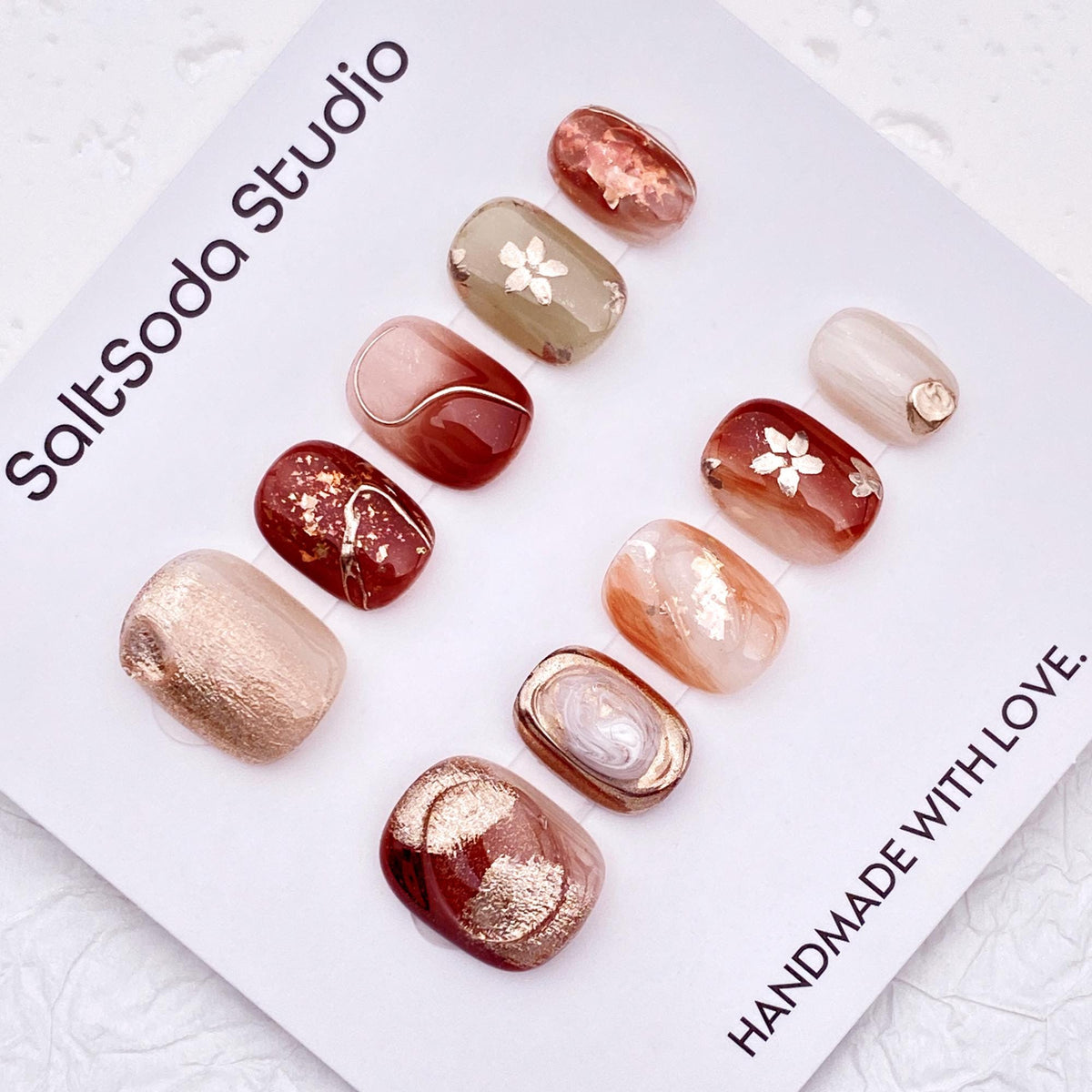 Burgundy and Champagne Gold Floral Marble Press-On Nail Set