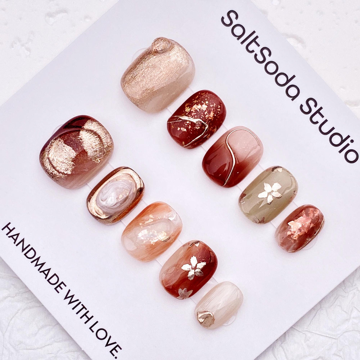 Burgundy and Champagne Gold Floral Marble Press-On Nail Set
