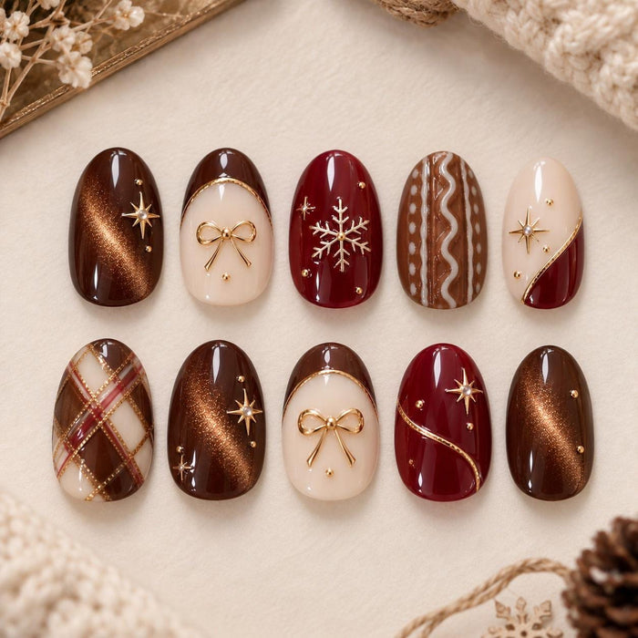Burgundy and Chocolate Brown Cat Eye Christmas Press On Nails With Gold Bows and Snowflakes