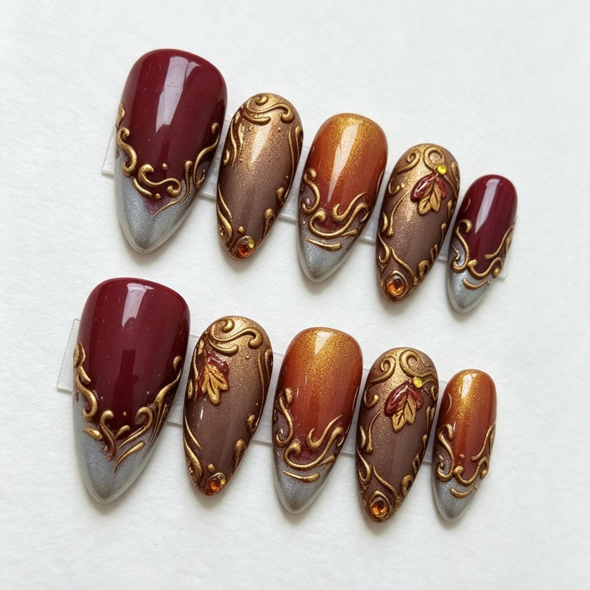 Burgundy and Copper Fall Nails with Antique Gold Baroque Scrollwork