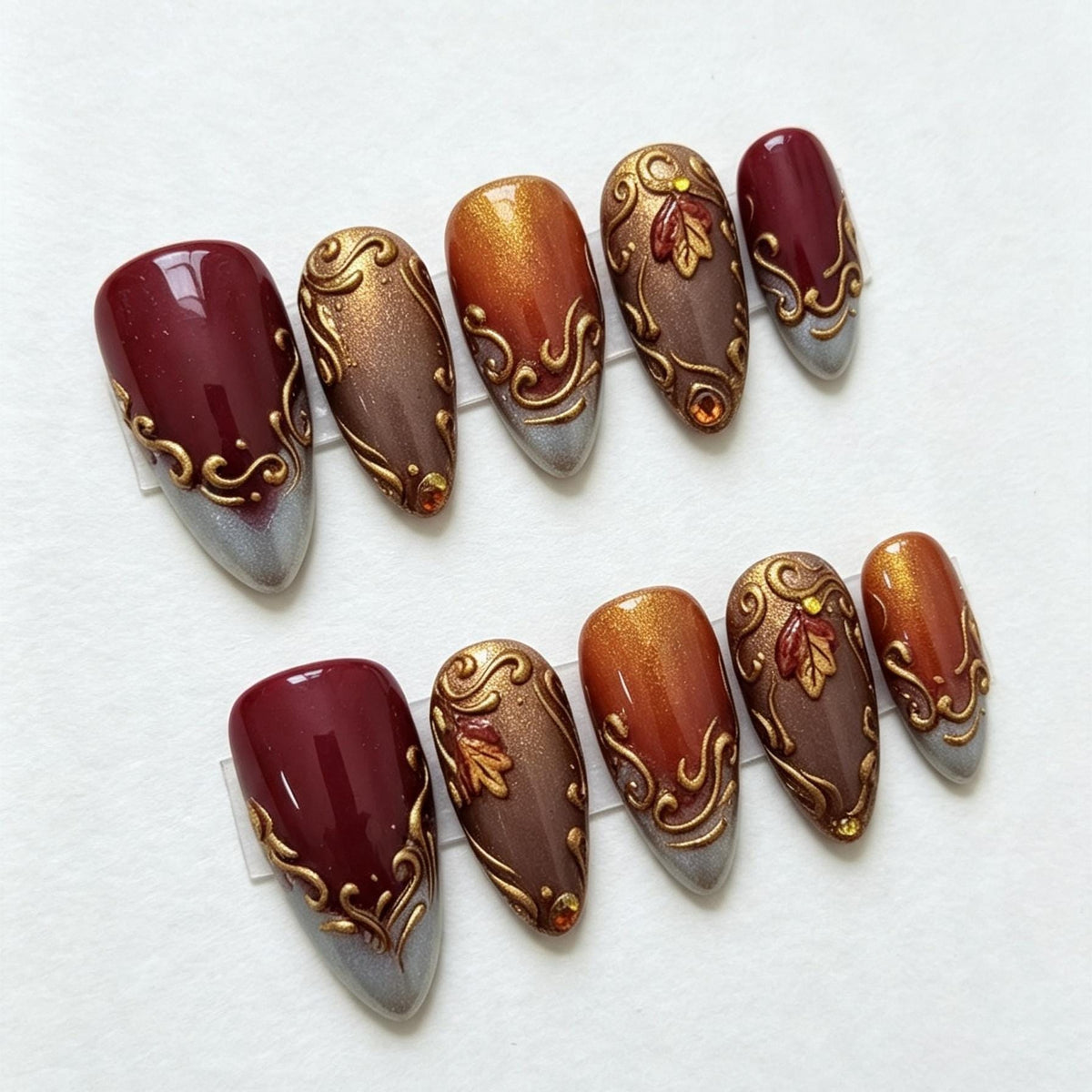 Burgundy and Copper Fall Nails with Antique Gold Baroque Scrollwork
