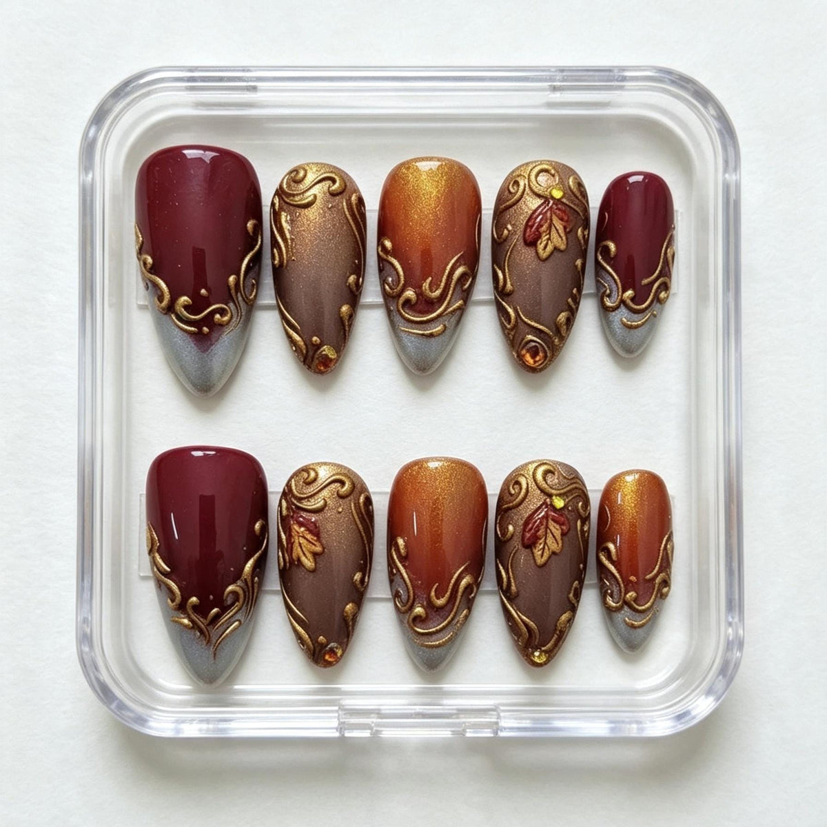 Burgundy and Copper Fall Nails with Antique Gold Baroque Scrollwork