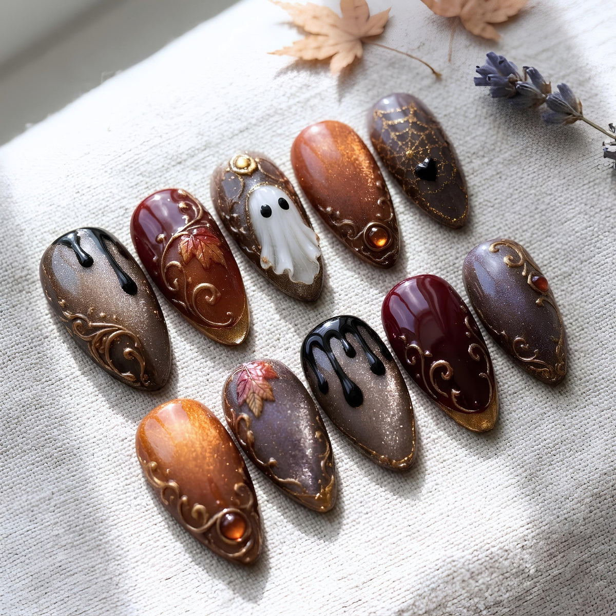 Burgundy and Copper Ghost Halloween Nails with Gold Scrollwork