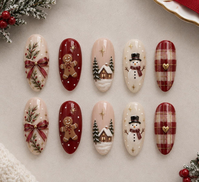 Burgundy and Cream Christmas Press On Nails With Gingerbread, Snowmen and Plaid