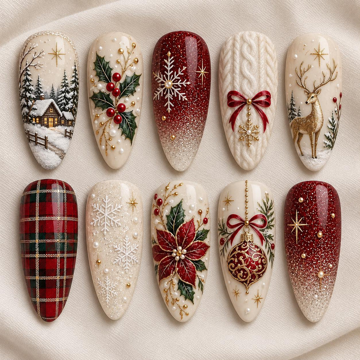 Burgundy and Cream Christmas Nails with Plaid, Winter Scenes and Gold Accents
