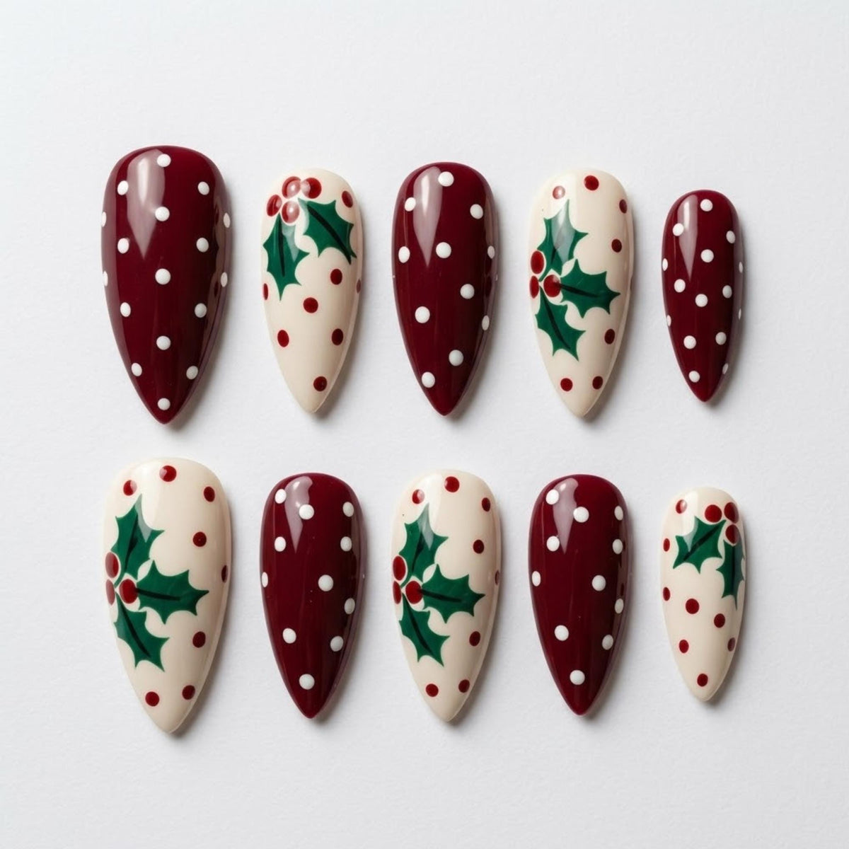 Burgundy and Cream Holly Leaf Polka Dot Press On Nails