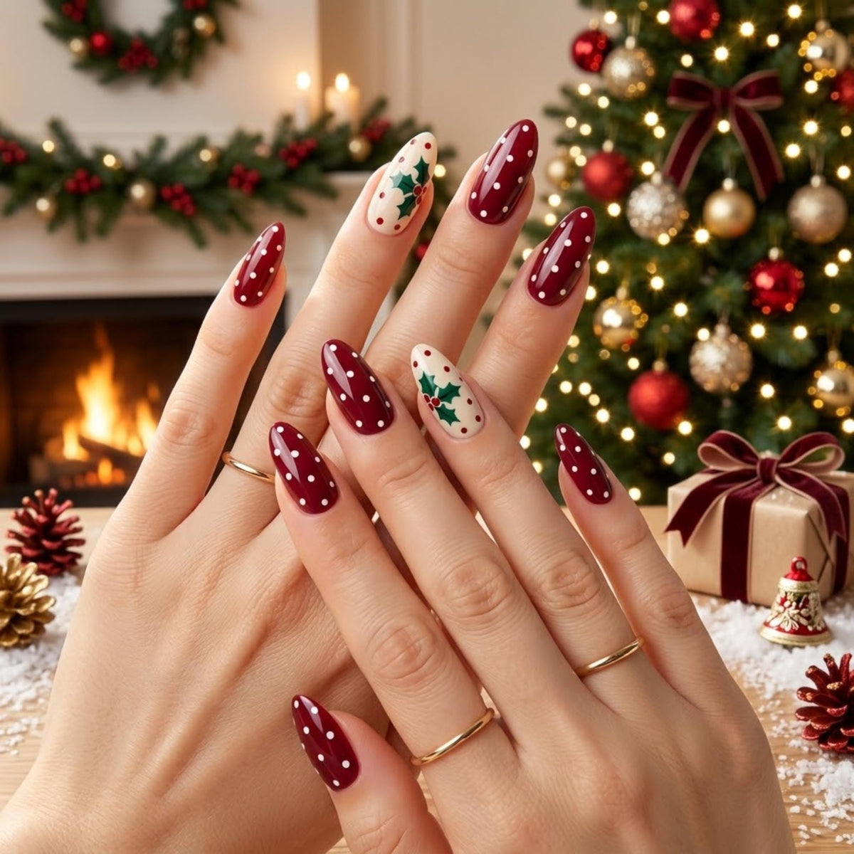 Burgundy and Cream Holly Leaf Polka Dot Press On Nails