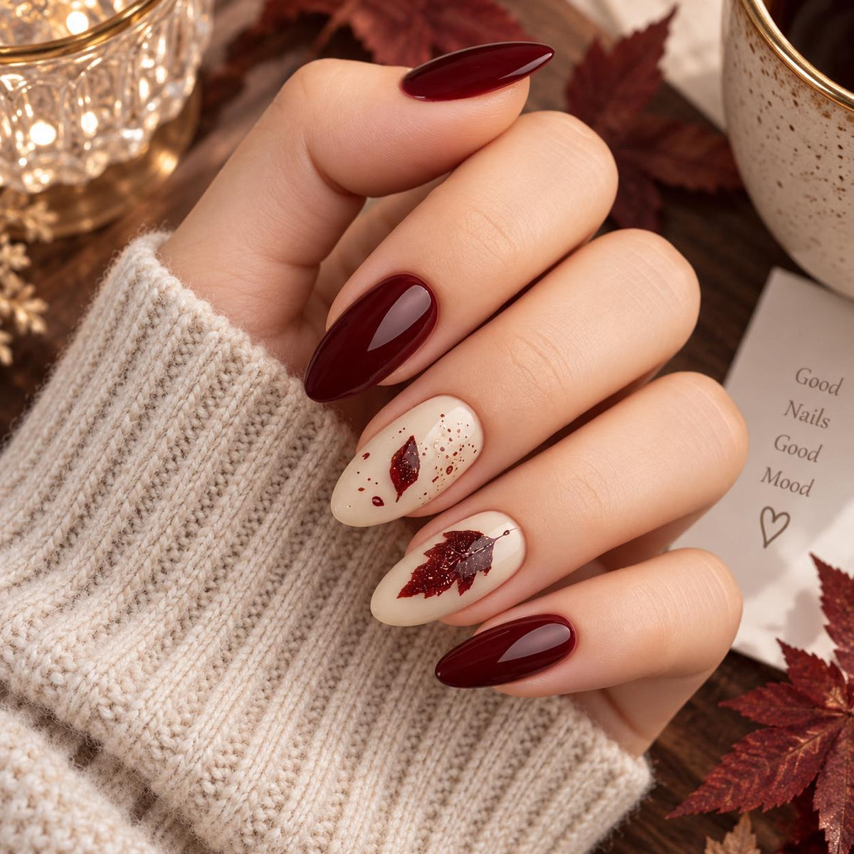 Burgundy and Cream Maple Leaf Autumn Nail Set