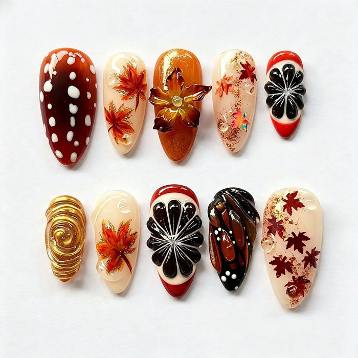 Burgundy and Cream Maple Leaf Polka Dot Fall Press On Nail Set