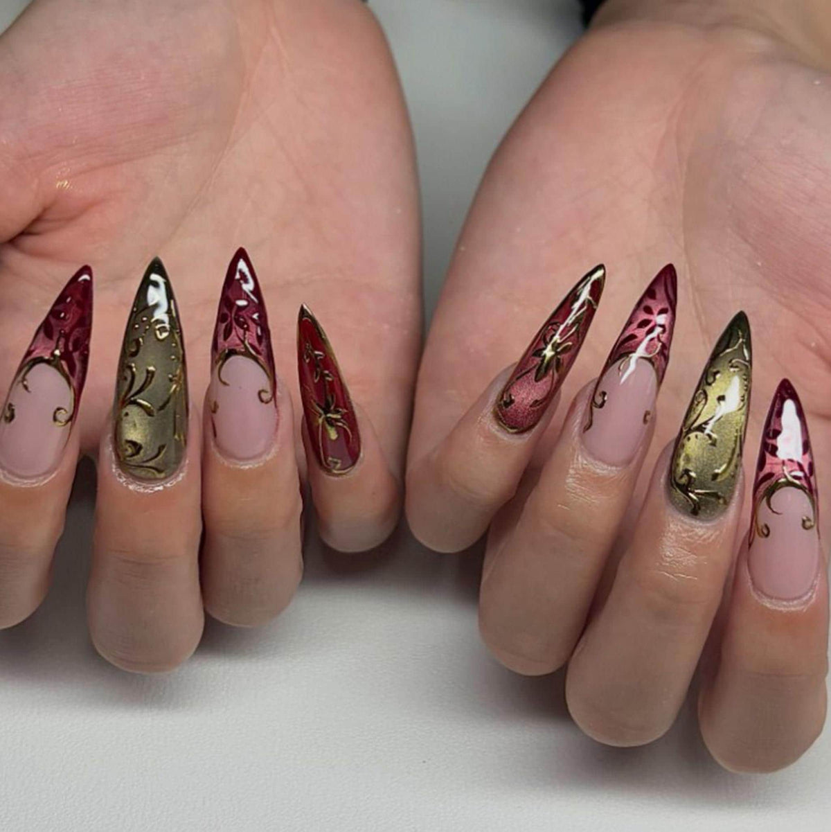 Burgundy and Dusty Pink Gothic Dark Romance Filigree Nails with Olive Gold Details