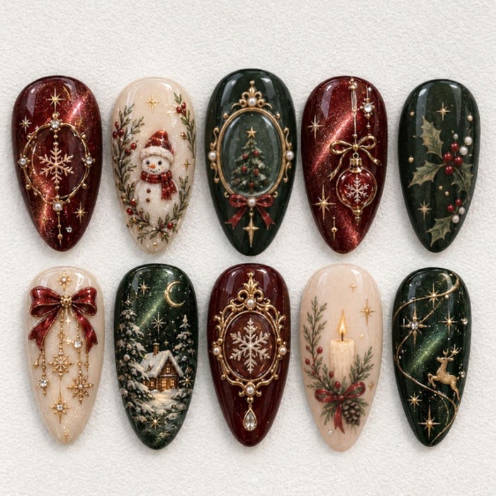 Burgundy and Forest Green Christmas Cat Eye Press On Nail Set with Gold Frames