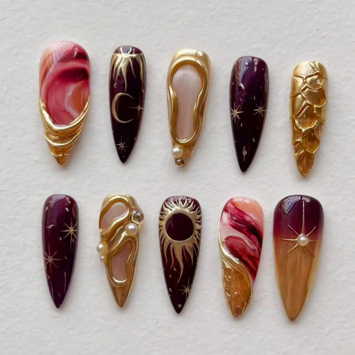 Burgundy and Gold 3D Sculptural Press-On Nails with Marble Swirls