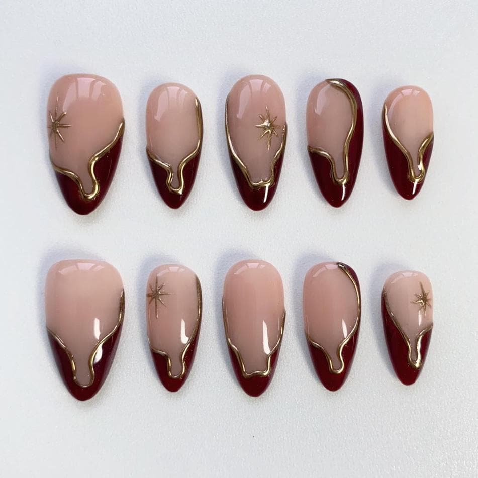 Burgundy and Gold Irregular French Tip Press-On Nail Set