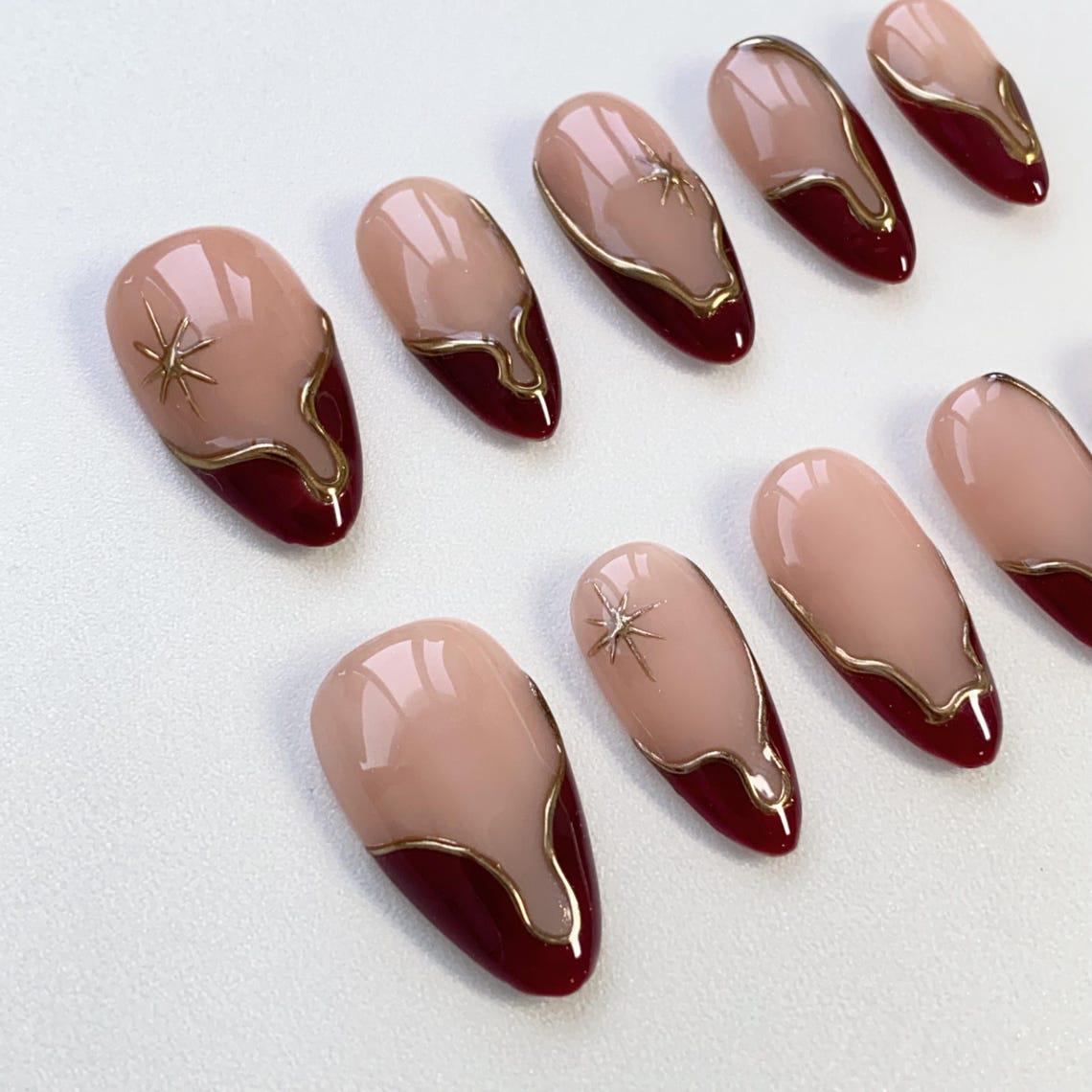 Burgundy and Gold Irregular French Tip Press-On Nail Set