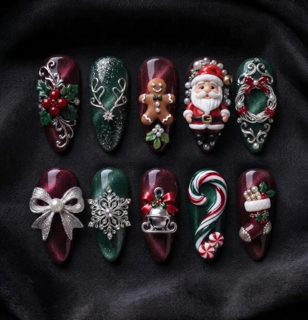 Burgundy and Green Christmas Cat-Eye Press-On Nails With 3D Holiday Art