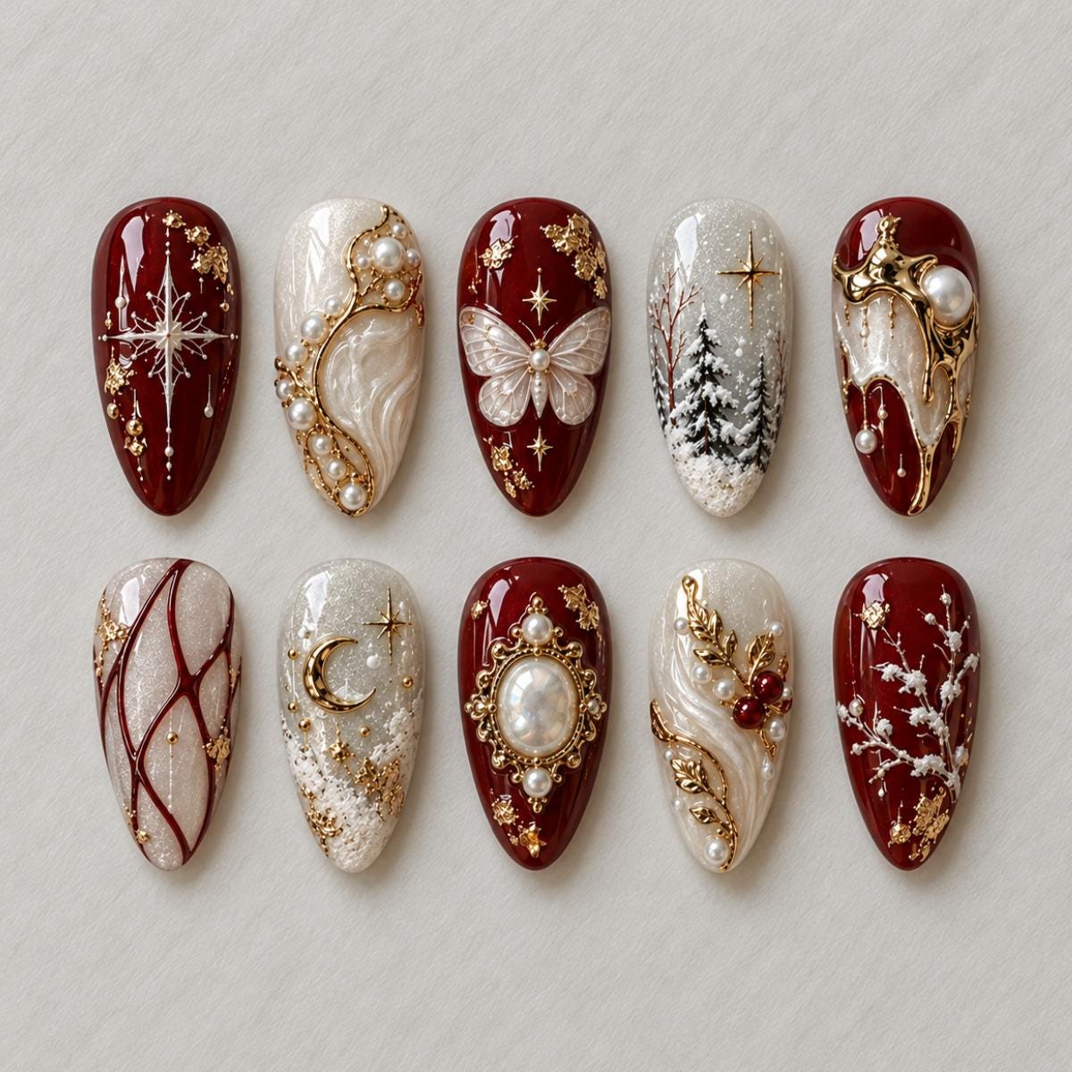 Burgundy and Ivory Baroque Winter Celestial Nail Set
