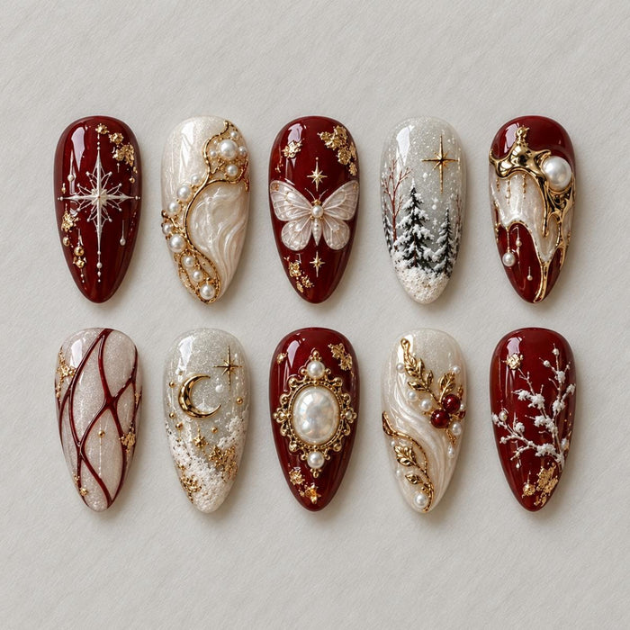 Burgundy and Ivory Baroque Winter Celestial Press On Nail Set
