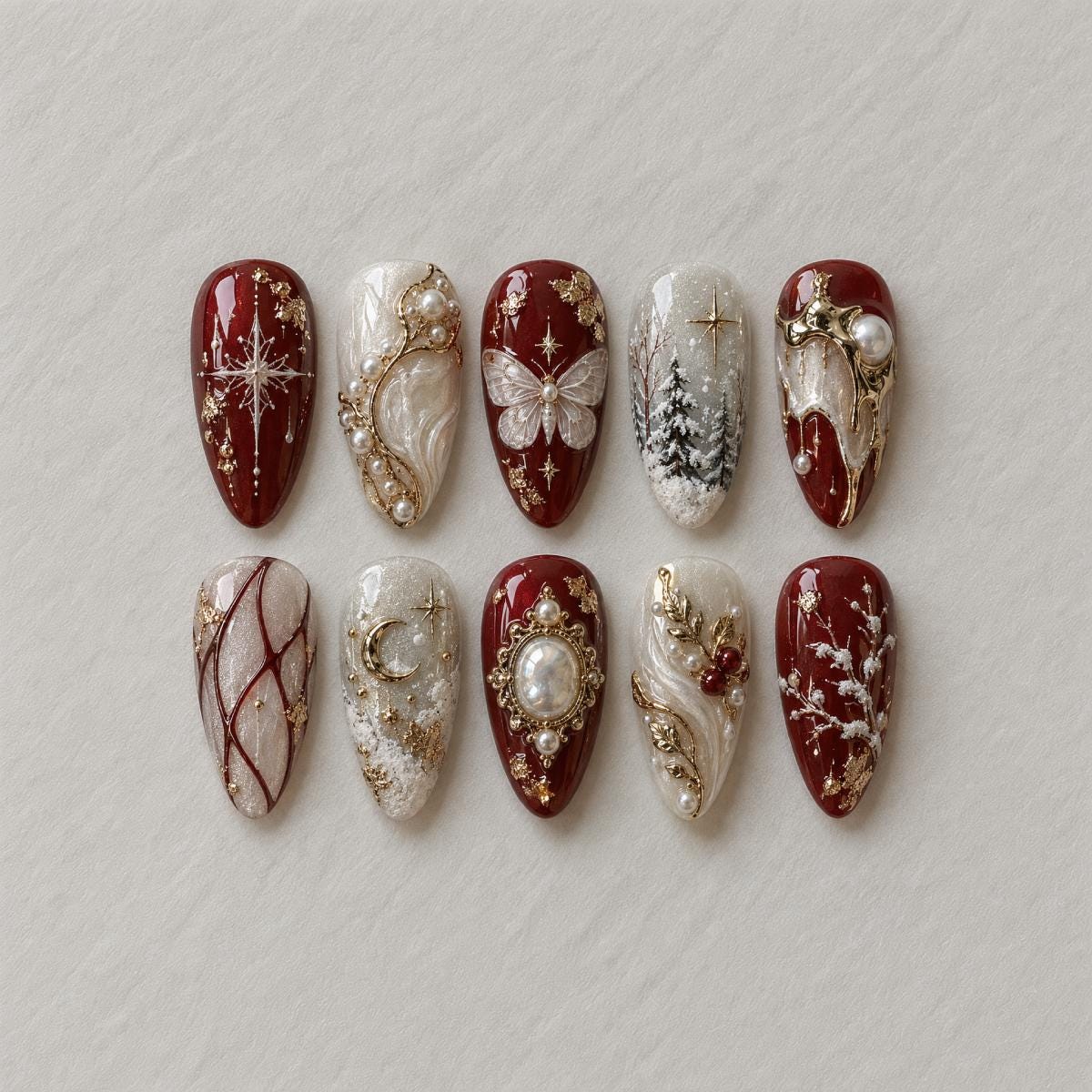 Burgundy and Ivory Baroque Winter Celestial Nail Set