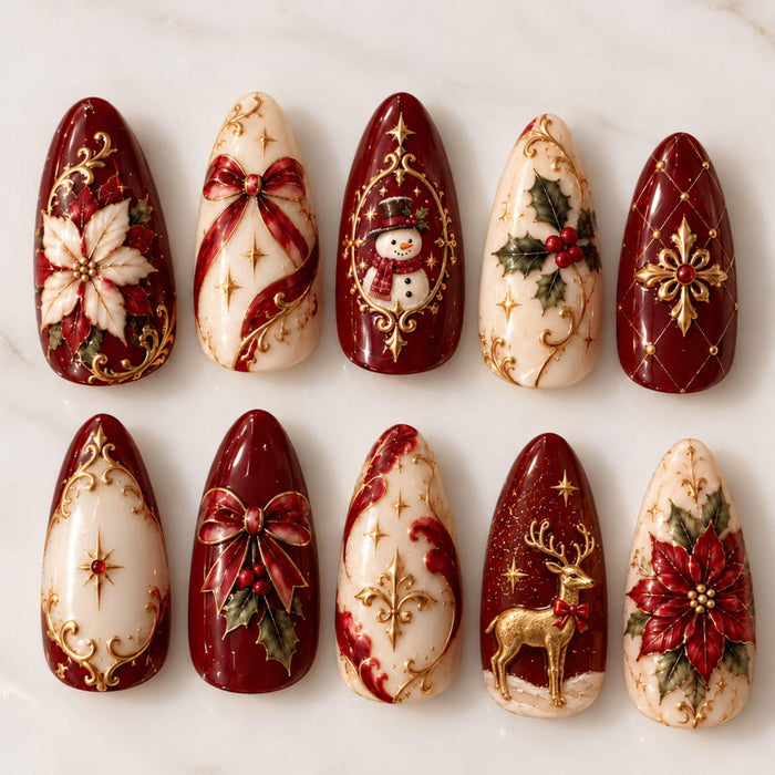 Burgundy and Ivory Christmas Press On Nails with Gold Filigree, Poinsettias and Snowman