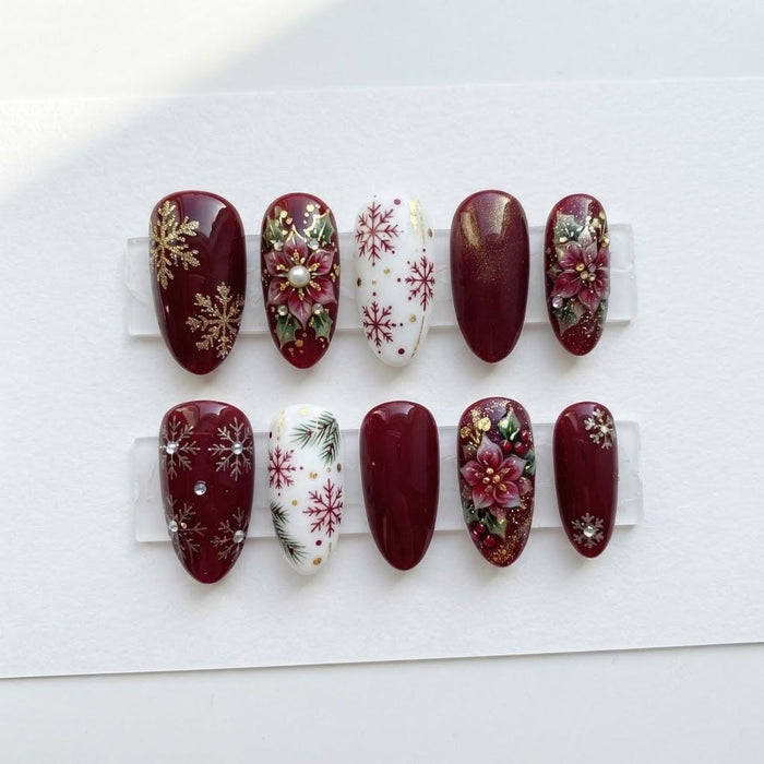 Burgundy and Ivory Christmas Press On Nails With Poinsettias, Snowflakes, and Gold Accents