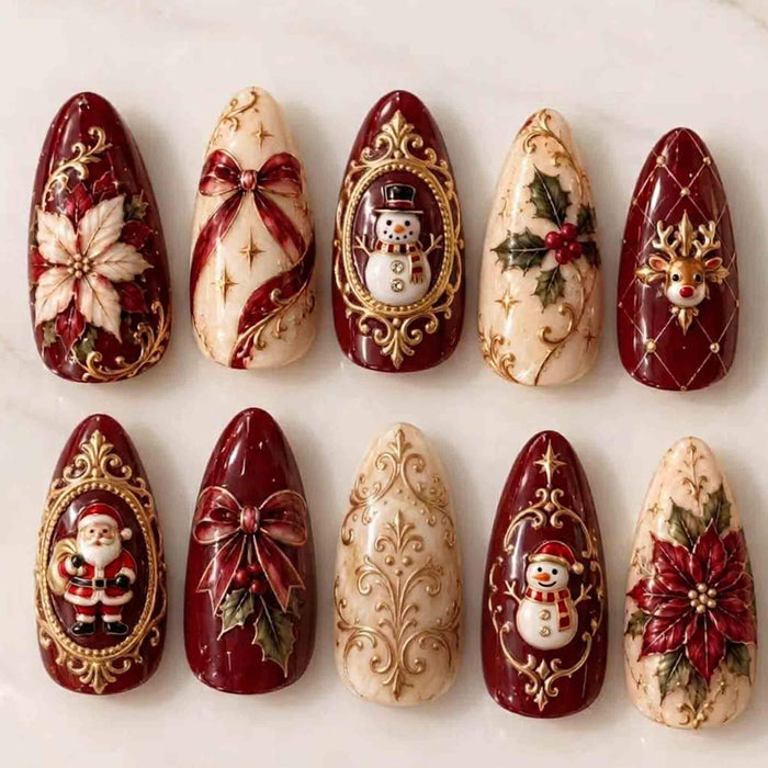 Burgundy and Ivory Christmas Press On Nails With Santa, Snowman, Poinsettia and Gold Details
