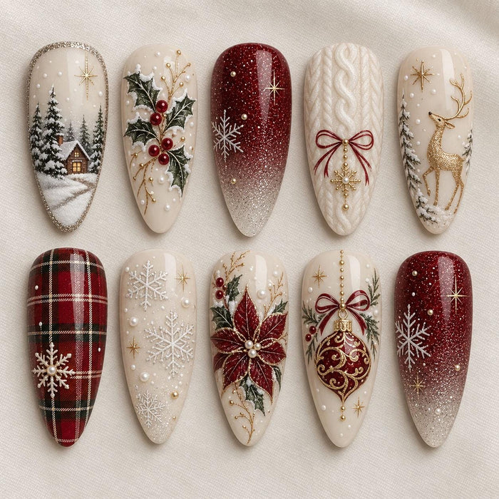 Burgundy and Ivory Christmas Press On Nails with Snowflakes, Holly and Gold Details