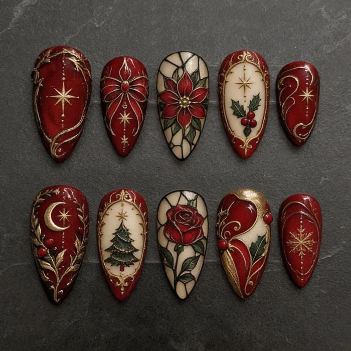 Burgundy and Ivory Stained Glass Christmas Press On Nail Set